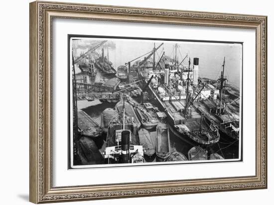 Barges Cranes and Tramp Steamers at the London Docks-null-Framed Premium Giclee Print