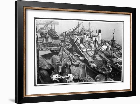 Barges Cranes and Tramp Steamers at the London Docks-null-Framed Premium Giclee Print