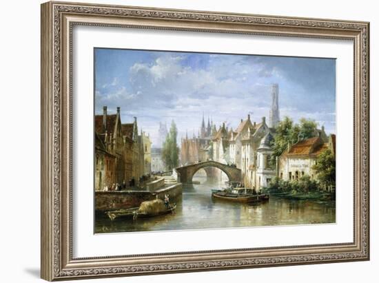 Barges on the Canal in Bruges-Pierre Justin Ouvrie-Framed Giclee Print