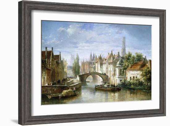 Barges on the Canal in Bruges-Pierre Justin Ouvrie-Framed Giclee Print