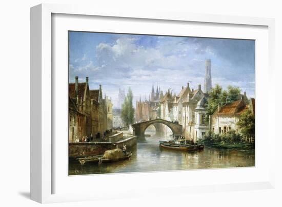 Barges on the Canal in Bruges-Pierre Justin Ouvrie-Framed Giclee Print