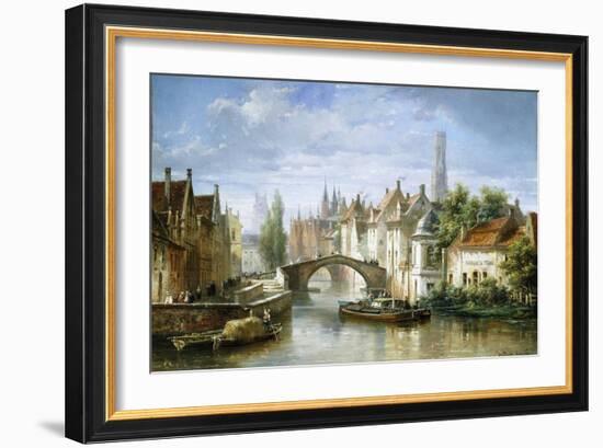 Barges on the Canal in Bruges-Pierre Justin Ouvrie-Framed Giclee Print