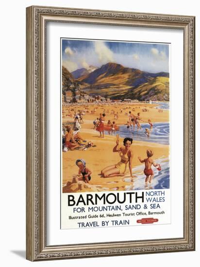 Barmouth, England - Beach Scene Mother and Kids British Rail Poster-Lantern Press-Framed Art Print