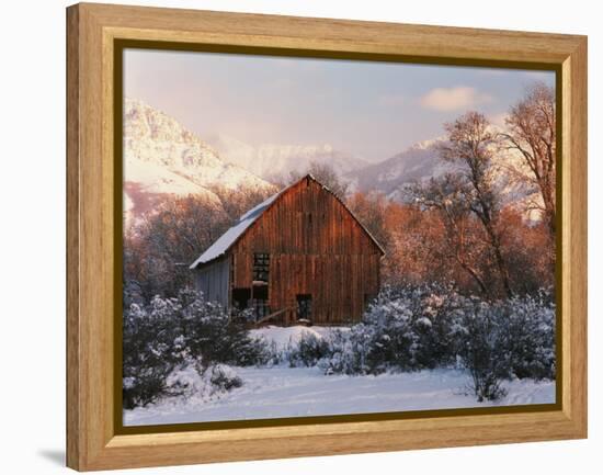 Barn Below Bear River Range in Winter, Utah, USA-Scott T^ Smith-Framed Premier Image Canvas