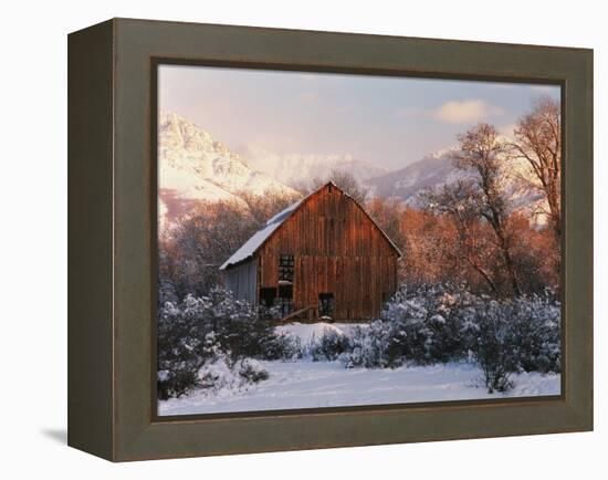Barn Below Bear River Range in Winter, Utah, USA-Scott T^ Smith-Framed Premier Image Canvas