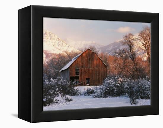 Barn Below Bear River Range in Winter, Utah, USA-Scott T^ Smith-Framed Premier Image Canvas