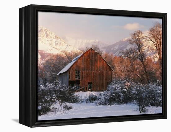 Barn Below Bear River Range in Winter, Utah, USA-Scott T^ Smith-Framed Premier Image Canvas