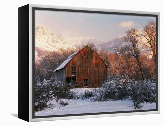 Barn Below Bear River Range in Winter, Utah, USA-Scott T^ Smith-Framed Premier Image Canvas