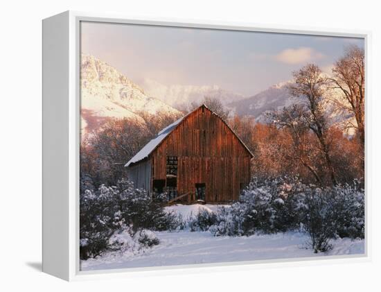 Barn Below Bear River Range in Winter, Utah, USA-Scott T^ Smith-Framed Premier Image Canvas
