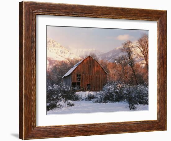 Barn Below Bear River Range in Winter, Utah, USA-Scott T^ Smith-Framed Photographic Print