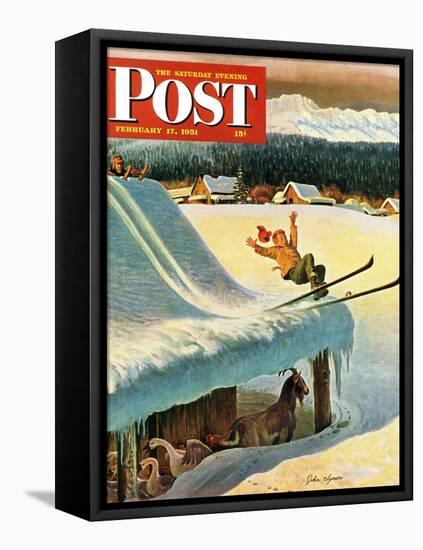 "Barn Skiing" Saturday Evening Post Cover, February 17, 1951-John Clymer-Framed Premier Image Canvas