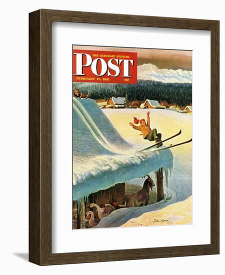 "Barn Skiing" Saturday Evening Post Cover, February 17, 1951-John Clymer-Framed Giclee Print