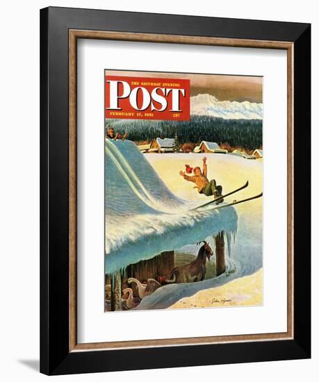 "Barn Skiing" Saturday Evening Post Cover, February 17, 1951-John Clymer-Framed Giclee Print