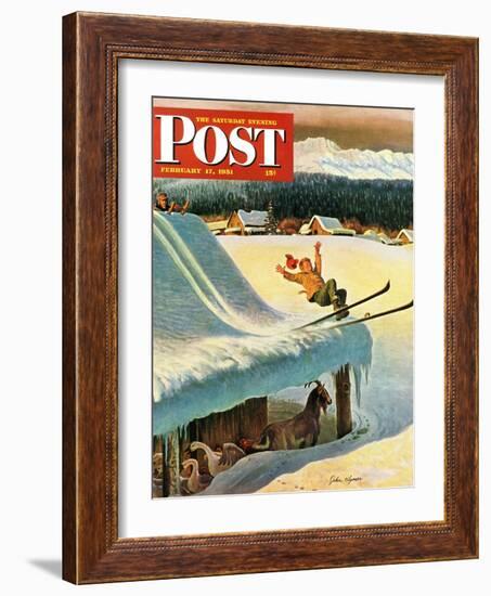 "Barn Skiing" Saturday Evening Post Cover, February 17, 1951-John Clymer-Framed Giclee Print