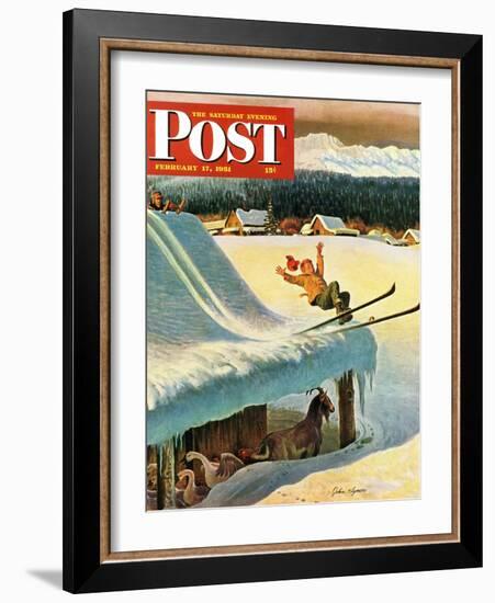 "Barn Skiing" Saturday Evening Post Cover, February 17, 1951-John Clymer-Framed Giclee Print