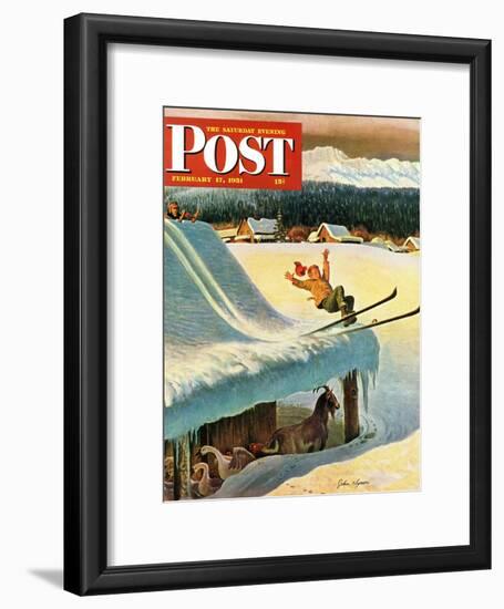 "Barn Skiing" Saturday Evening Post Cover, February 17, 1951-John Clymer-Framed Giclee Print