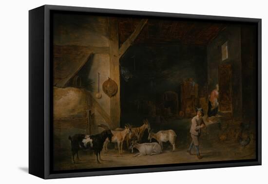 Barn with Goats and a Boy Playing the Recorder, C.1640-45 (Oil on Canvas)-David the Younger Teniers-Framed Premier Image Canvas