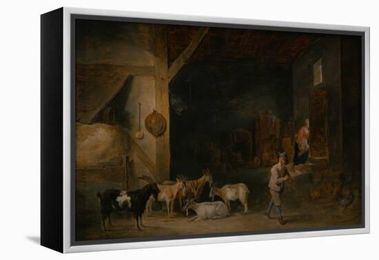 Barn with Goats and a Boy Playing the Recorder, C.1640-45 (Oil on Canvas)-David the Younger Teniers-Framed Premier Image Canvas