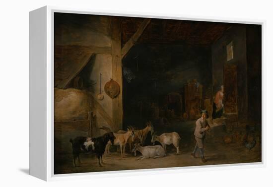 Barn with Goats and a Boy Playing the Recorder, C.1640-45 (Oil on Canvas)-David the Younger Teniers-Framed Premier Image Canvas
