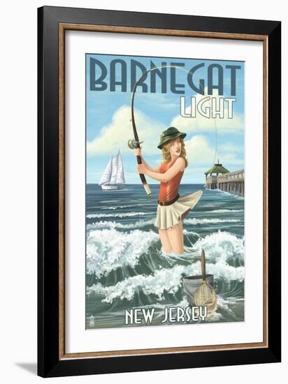 Barnegat Light, New Jersey - Pinup Girl Fishing-Lantern Press-Framed Art Print