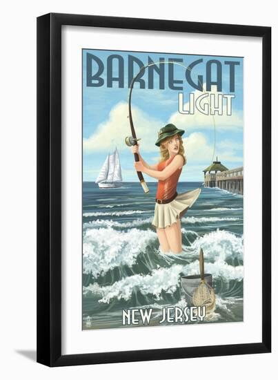 Barnegat Light, New Jersey - Pinup Girl Fishing-Lantern Press-Framed Art Print
