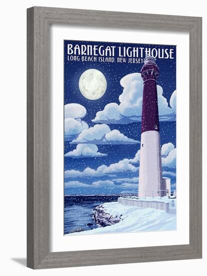 Barnegat Lighthouse - Snow Scene - New Jersey Shore-Lantern Press-Framed Art Print