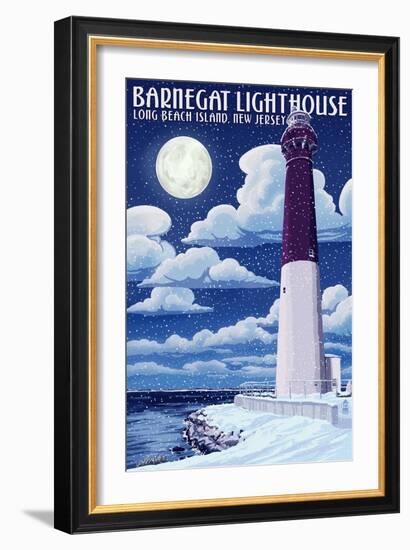 Barnegat Lighthouse - Snow Scene - New Jersey Shore-Lantern Press-Framed Art Print