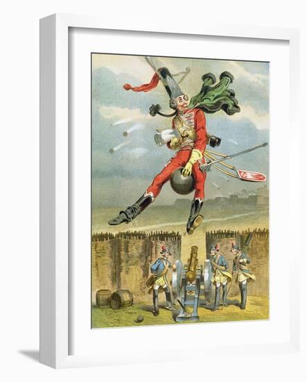 Baron Munchausen Flying over the Enemy Lines on a Cannon Ball-null-Framed Giclee Print