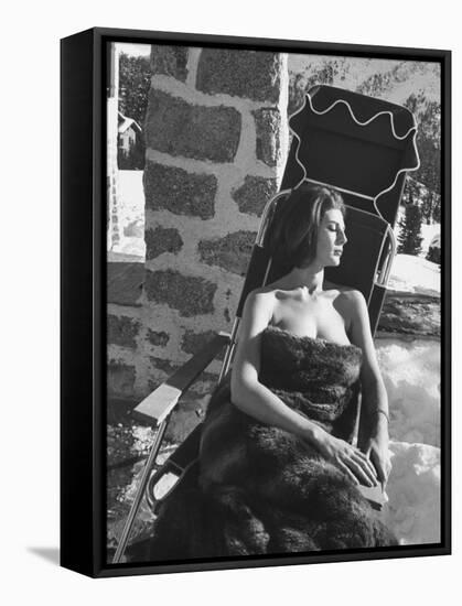 Baroness Fiona Thyssen-Bornemisza Sun-Bathing Wrapped in a Fur Rug at Resort-Leonard Mccombe-Framed Premier Image Canvas