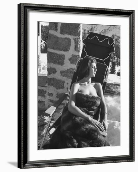 Baroness Fiona Thyssen-Bornemisza Sun-Bathing Wrapped in a Fur Rug at Resort-Leonard Mccombe-Framed Premium Photographic Print