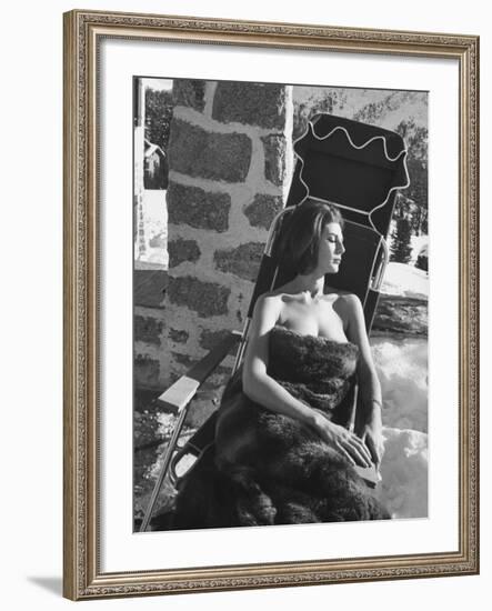 Baroness Fiona Thyssen-Bornemisza Sun-Bathing Wrapped in a Fur Rug at Resort-Leonard Mccombe-Framed Premium Photographic Print