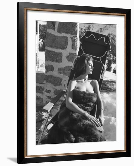 Baroness Fiona Thyssen-Bornemisza Sun-Bathing Wrapped in a Fur Rug at Resort-Leonard Mccombe-Framed Premium Photographic Print