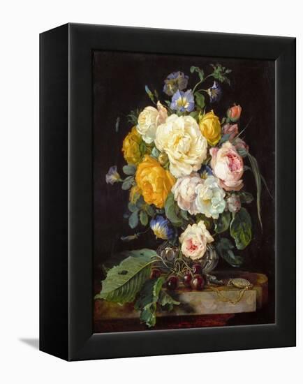 Baroque : Nature Morte De Pivoines, Cerises Et Une Montre a Gousset - Still Life with Peonies, Cher-Jan Davidsz de Heem-Framed Premier Image Canvas