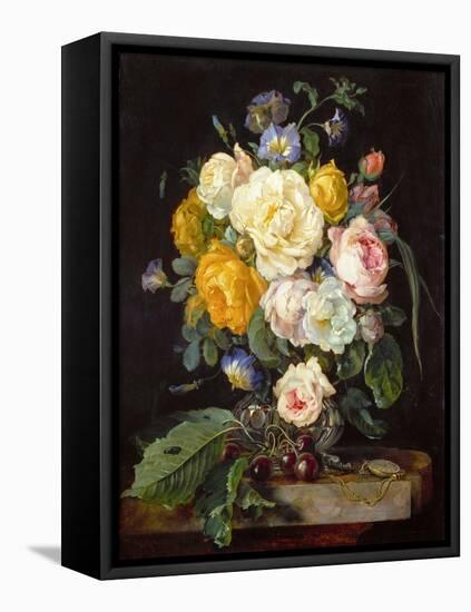 Baroque : Nature Morte De Pivoines, Cerises Et Une Montre a Gousset - Still Life with Peonies, Cher-Jan Davidsz de Heem-Framed Premier Image Canvas