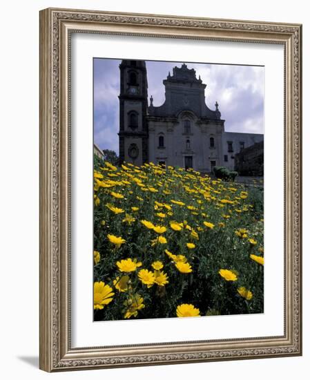 Baroque Style Cathedral and Yellow Daisies, Lipari, Sicily, Italy-Michele Molinari-Framed Photographic Print