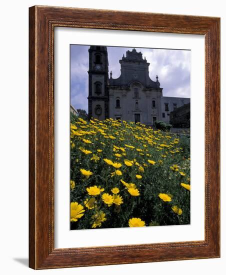 Baroque Style Cathedral and Yellow Daisies, Lipari, Sicily, Italy-Michele Molinari-Framed Photographic Print