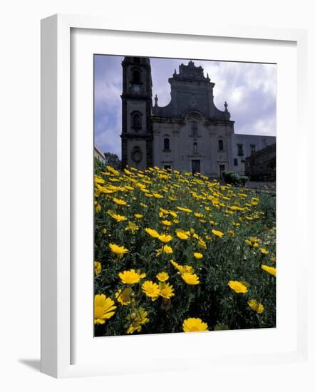 Baroque Style Cathedral and Yellow Daisies, Lipari, Sicily, Italy-Michele Molinari-Framed Photographic Print