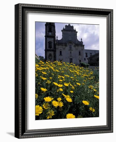 Baroque Style Cathedral and Yellow Daisies, Lipari, Sicily, Italy-Michele Molinari-Framed Photographic Print