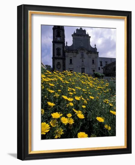 Baroque Style Cathedral and Yellow Daisies, Lipari, Sicily, Italy-Michele Molinari-Framed Photographic Print