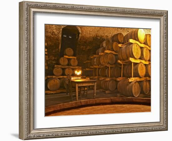 Barrel Aging Cellar and Table, Bodega Juanico Familia Deicas Winery, Juanico, Canelones, Uruguay-Per Karlsson-Framed Photographic Print