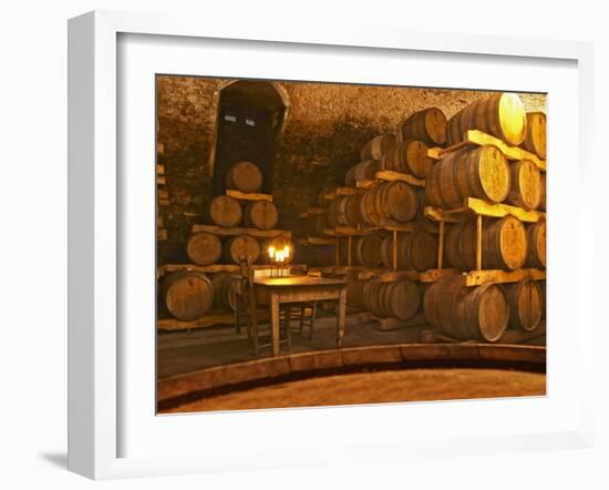 Barrel Aging Cellar and Table, Bodega Juanico Familia Deicas Winery, Juanico, Canelones, Uruguay-Per Karlsson-Framed Photographic Print