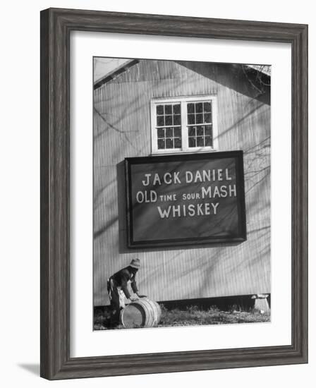 Barrel Being Rolled to Warehouse at Jack Daniels Distillery-Ed Clark-Framed Photographic Print