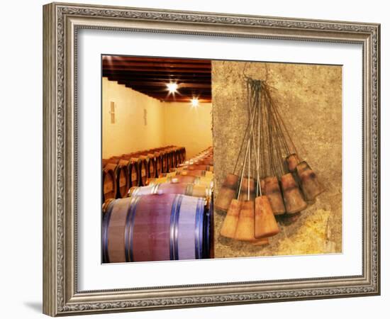 Barrel Cellar for Aging Wines in Oak Casks, Chateau La Grave Figeac, Bordeaux, France-Per Karlsson-Framed Photographic Print