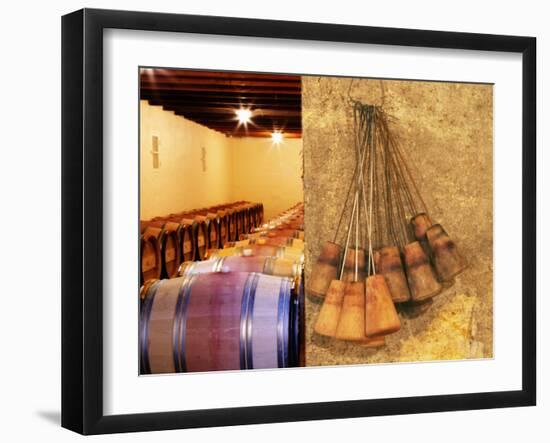 Barrel Cellar for Aging Wines in Oak Casks, Chateau La Grave Figeac, Bordeaux, France-Per Karlsson-Framed Photographic Print