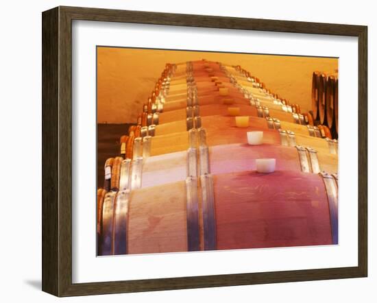 Barrel Cellar for Aging Wines in Oak Casks, Chateau La Grave Figeac, Bordeaux, France-Per Karlsson-Framed Photographic Print