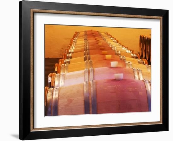 Barrel Cellar for Aging Wines in Oak Casks, Chateau La Grave Figeac, Bordeaux, France-Per Karlsson-Framed Photographic Print