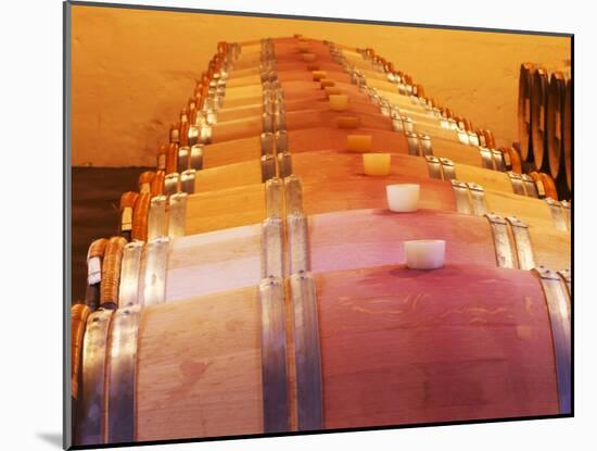 Barrel Cellar for Aging Wines in Oak Casks, Chateau La Grave Figeac, Bordeaux, France-Per Karlsson-Mounted Photographic Print