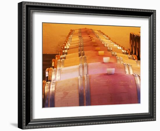 Barrel Cellar for Aging Wines in Oak Casks, Chateau La Grave Figeac, Bordeaux, France-Per Karlsson-Framed Photographic Print