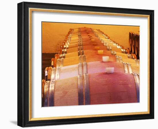 Barrel Cellar for Aging Wines in Oak Casks, Chateau La Grave Figeac, Bordeaux, France-Per Karlsson-Framed Photographic Print