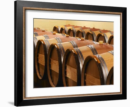 Barrel Cellar for Aging Wines in Oak Casks, Chateau La Grave Figeac, Bordeaux, France-Per Karlsson-Framed Photographic Print